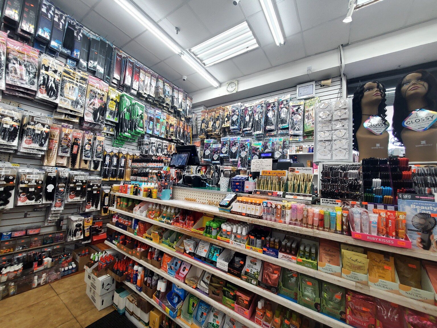 Beauty accessories display inside One Plaza Beauty Supply