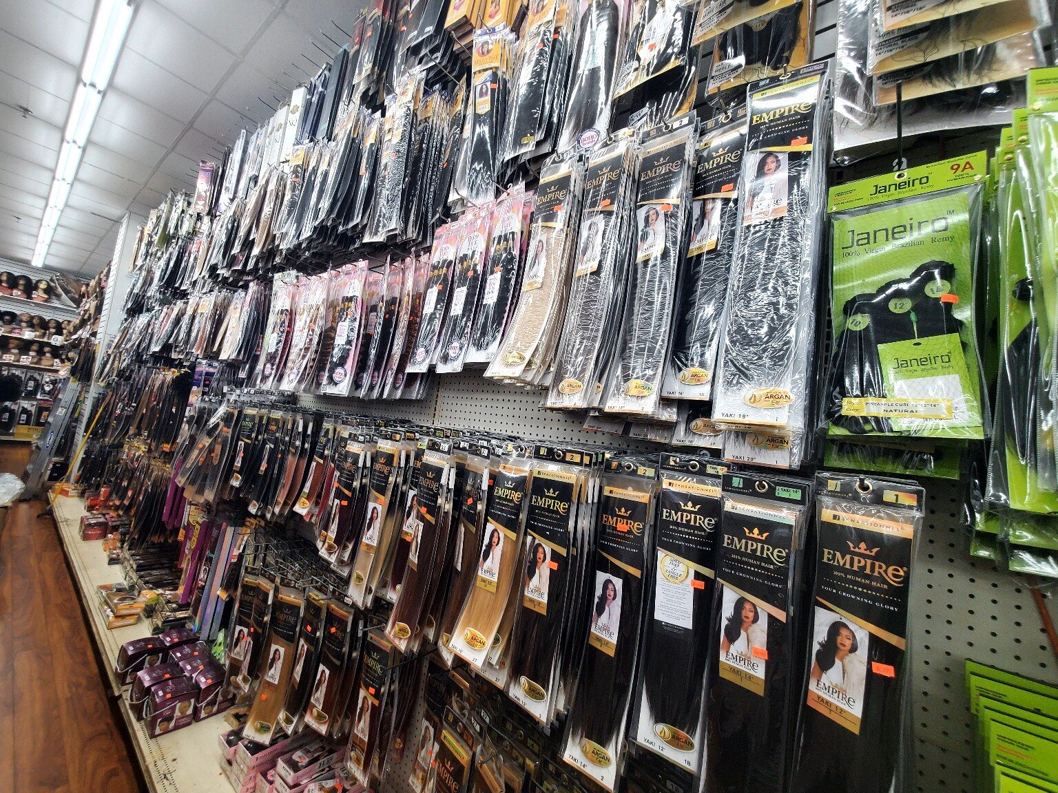 Hair extension selection inside One Plaza Beauty Supply