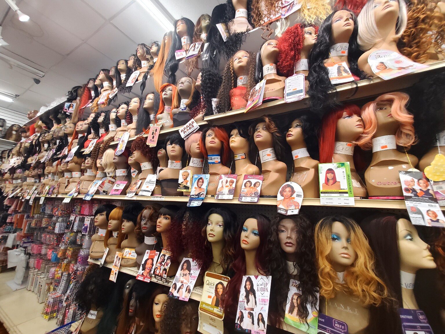Wig display inside One Plaza Beauty Supply