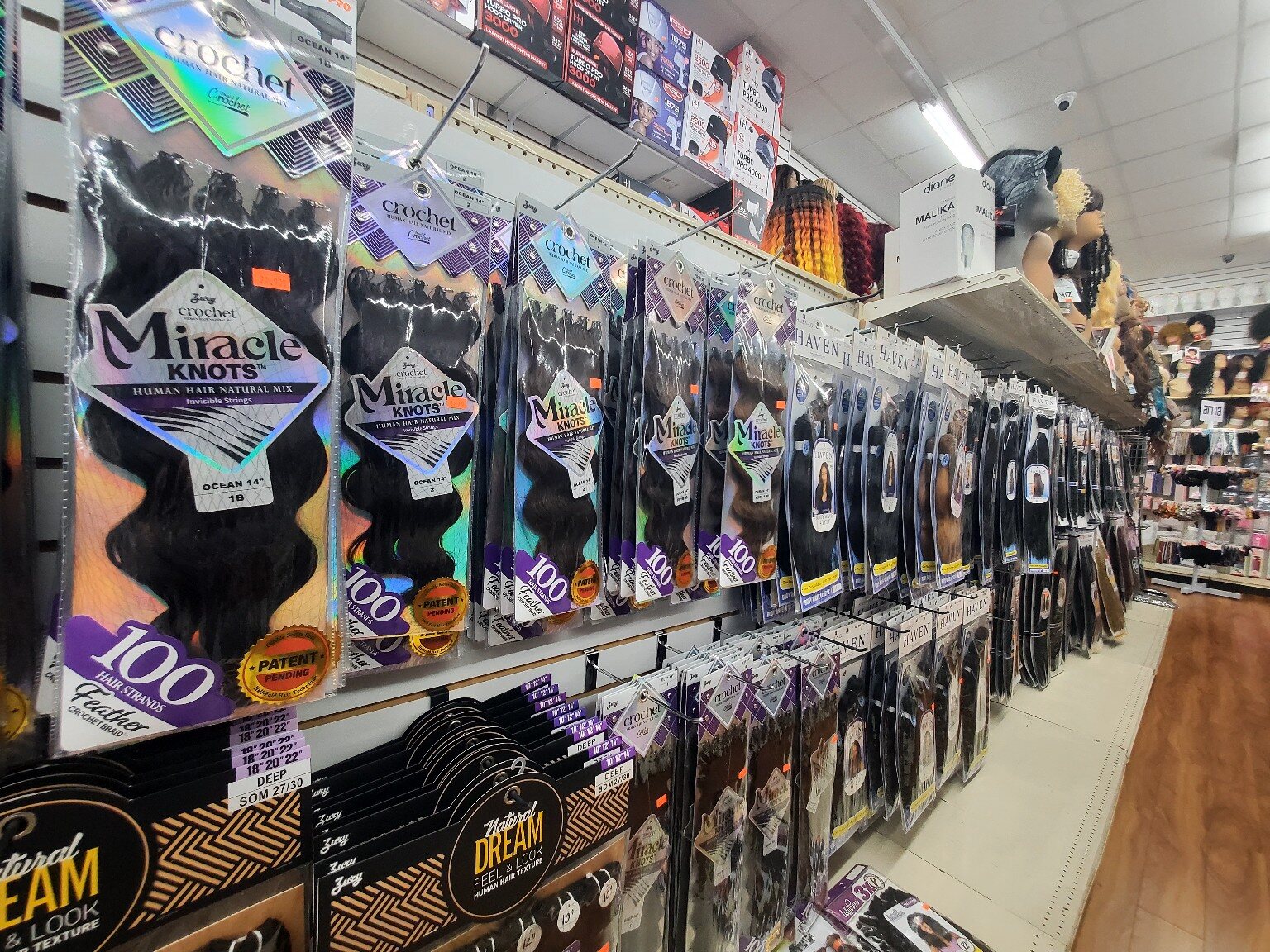 Hair products displayed at One Plaza Beauty Supply