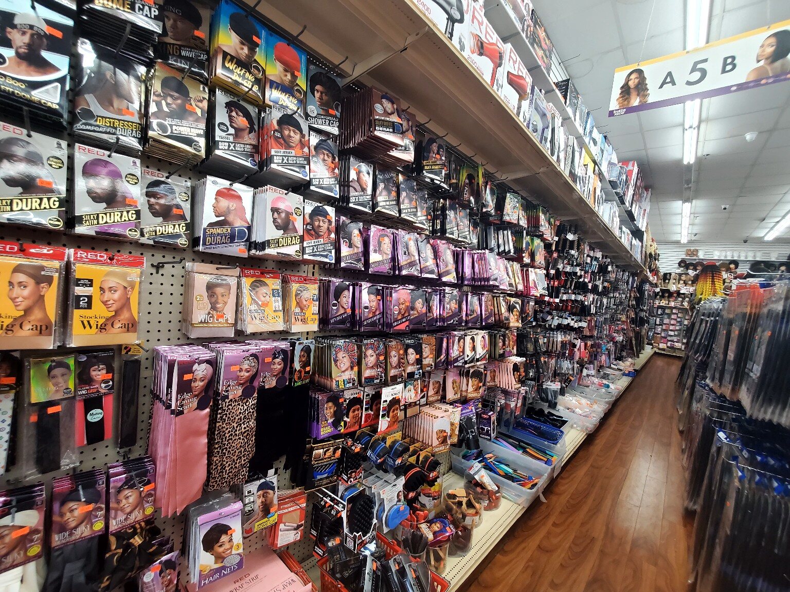 Beauty products on shelves at One Plaza Beauty Supply
